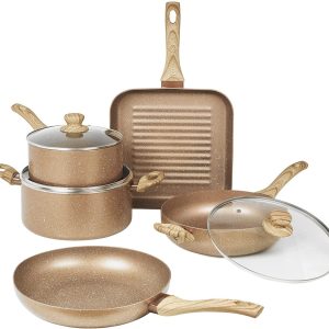 Salmon Frying Pan and Pot Set, 8-Piece, Stone Cookware Set with Tempered Glass Lids