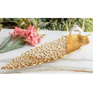 Gold Finish Antique Lacquer Matte Leaf Design Tray – 79 cm