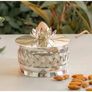 Silver Plated Lotus Design Decorative Dry Fruit Box – 6 Inch